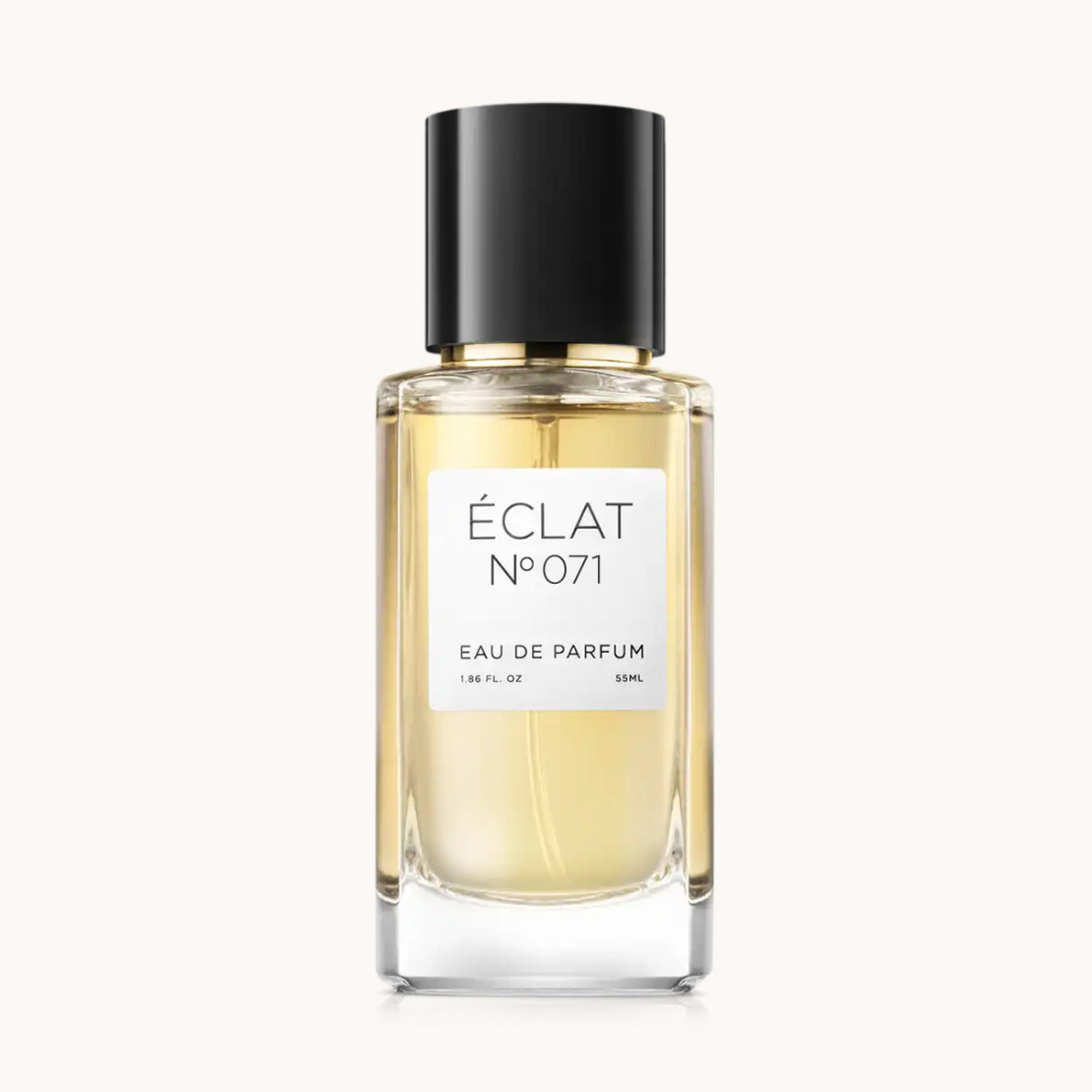 Flacon of the women's perfume dupe ÉCLAT No. 071, an elegant transparent glass bottle with a black cylindrical magnetic cap and a white label. The label features the brand name ÉCLAT, the number 071, and the words “Eau de Parfum”.