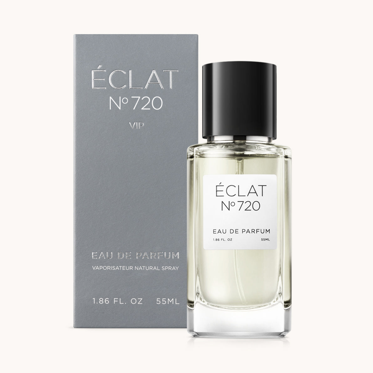 Flacon of the men’s perfume dupe ÉCLAT No. 720 VIP, an elegant transparent glass bottle with a black cylindrical magnetic cap and a minimalist white label. The label displays the brand name ÉCLAT, the number 720 VIP, and the phrase “Eau de Parfum”.