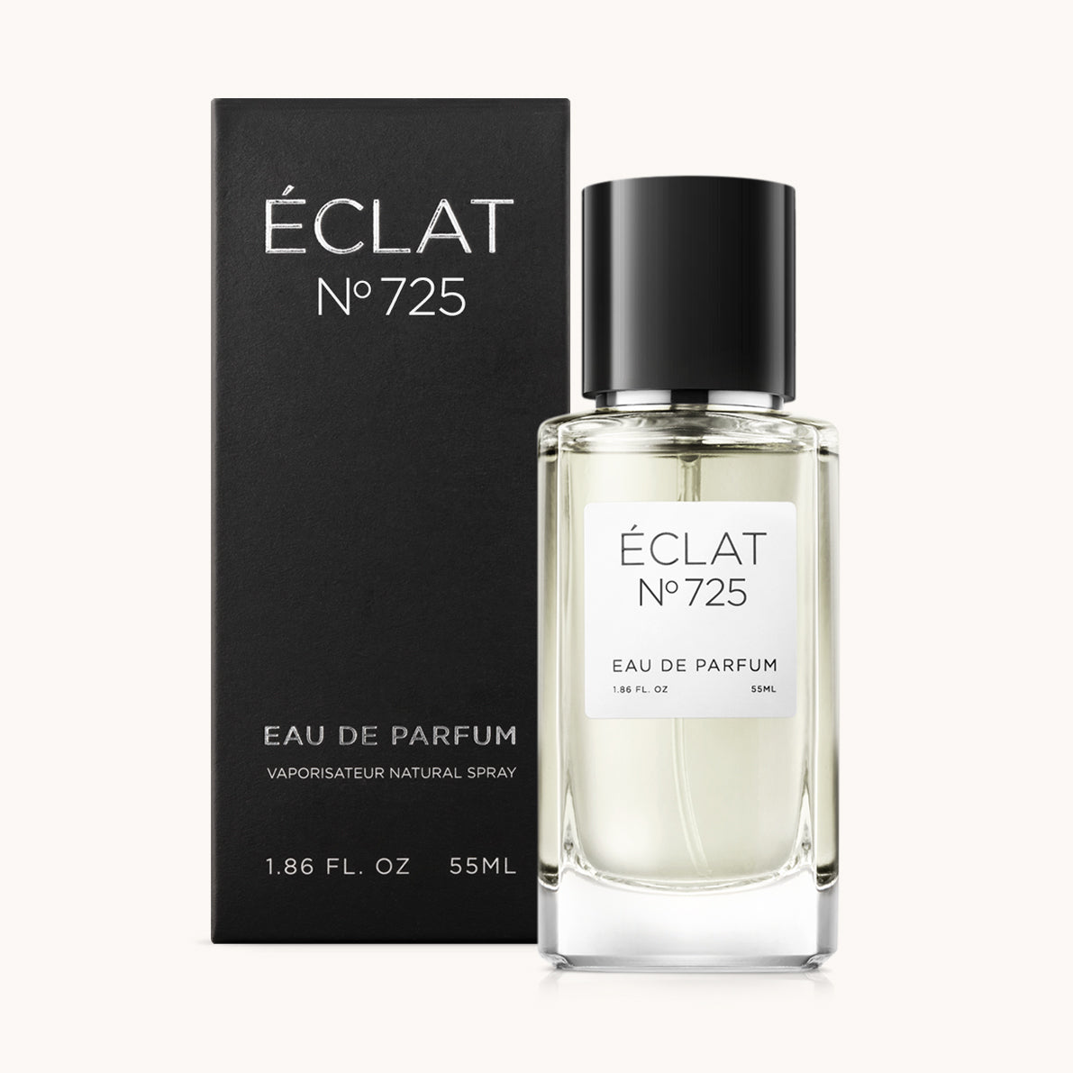 Flacon of the men’s perfume dupe ÉCLAT No. 725, an elegant transparent glass bottle with a black cylindrical magnetic cap and a minimalist white label. The label displays the brand name ÉCLAT, the number 725, and the phrase “Eau de Parfum”.