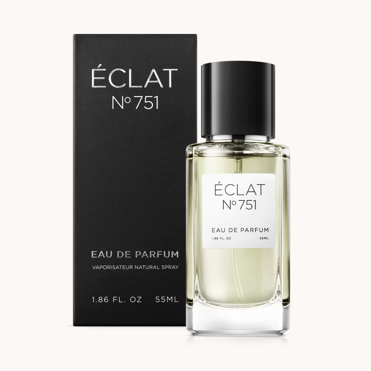 Flacon of the men’s perfume dupe ÉCLAT No. 751, an elegant transparent glass bottle with a black cylindrical magnetic cap and a minimalist white label. The label displays the brand name ÉCLAT, the number 751, and the phrase “Eau de Parfum”.