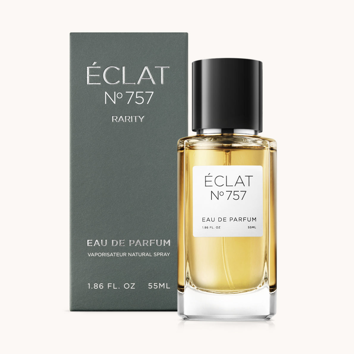 Flacon of the men’s perfume dupe ÉCLAT No. 757 RAR, an elegant transparent glass bottle with a black cylindrical magnetic cap and a minimalist white label. The label displays the brand name ÉCLAT, the number 757 RAR, and the phrase “Eau de Parfum”.