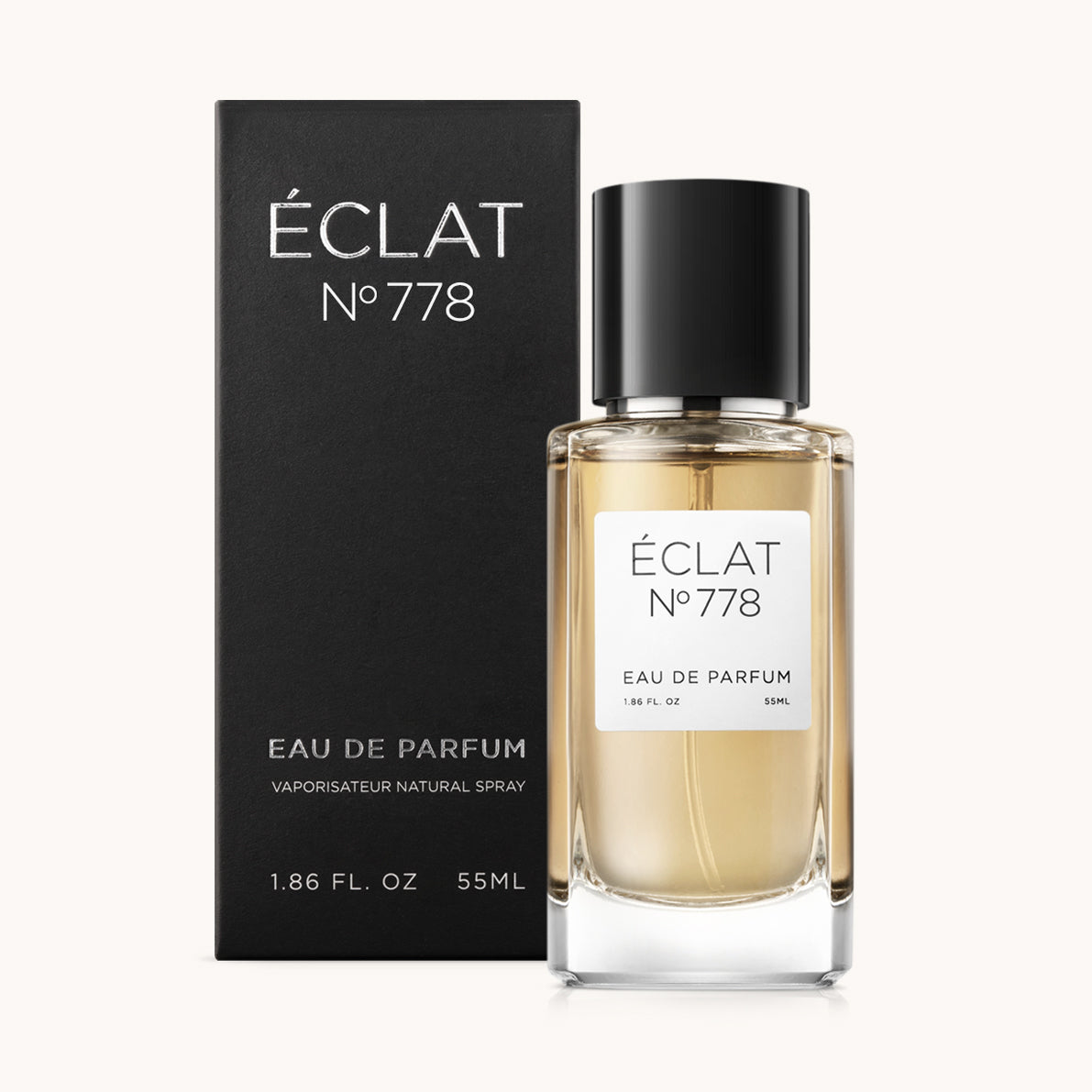 Flacon of the men’s perfume dupe ÉCLAT No. 778, an elegant transparent glass bottle with a black cylindrical magnetic cap and a minimalist white label. The label displays the brand name ÉCLAT, the number 778, and the phrase “Eau de Parfum”.