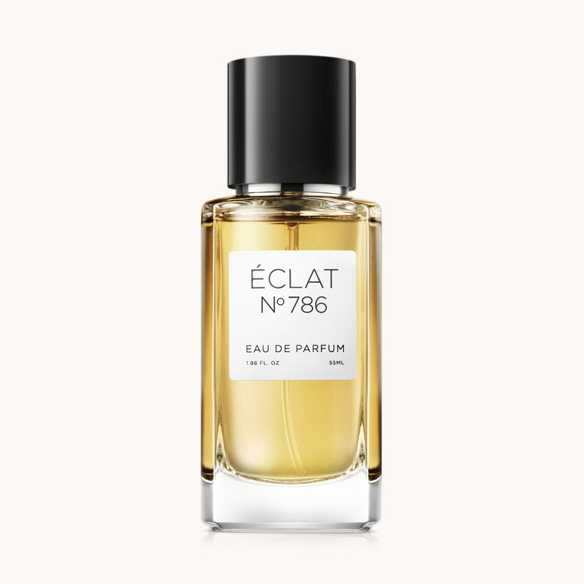 Flacon of the men’s perfume dupe ÉCLAT No. 786, an elegant transparent glass bottle with a black cylindrical magnetic cap and a minimalist white label. The label displays the brand name ÉCLAT, the number 786, and the phrase “Eau de Parfum”.