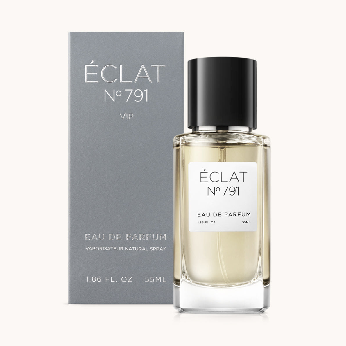 ÉCLAT No. 791 VIP men’s perfume bottle with matching bluish-grey packaging. The elegant flacon features a black cylindrical magnetic cap and a clean white label with the inscription ÉCLAT No. 791 VIP and “Eau de Parfum”.