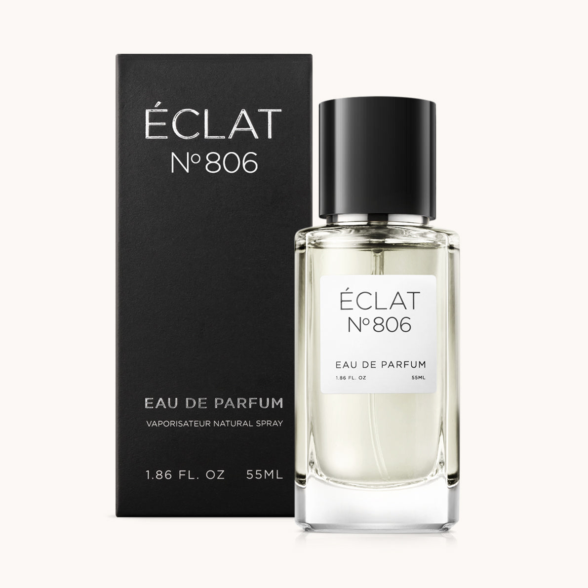 ÉCLAT No. 806 men’s perfume bottle with matching black packaging. The elegant flacon features a black cylindrical magnetic cap and a clean white label with the inscription ÉCLAT No. 806 and “Eau de Parfum”.