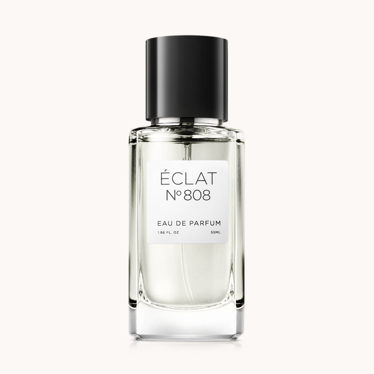 Flacon of the men’s perfume dupe ÉCLAT No. 808, an elegant transparent glass bottle with a black cylindrical magnetic cap and a minimalist white label. The label displays the brand name ÉCLAT, the number 808, and the phrase “Eau de Parfum”.