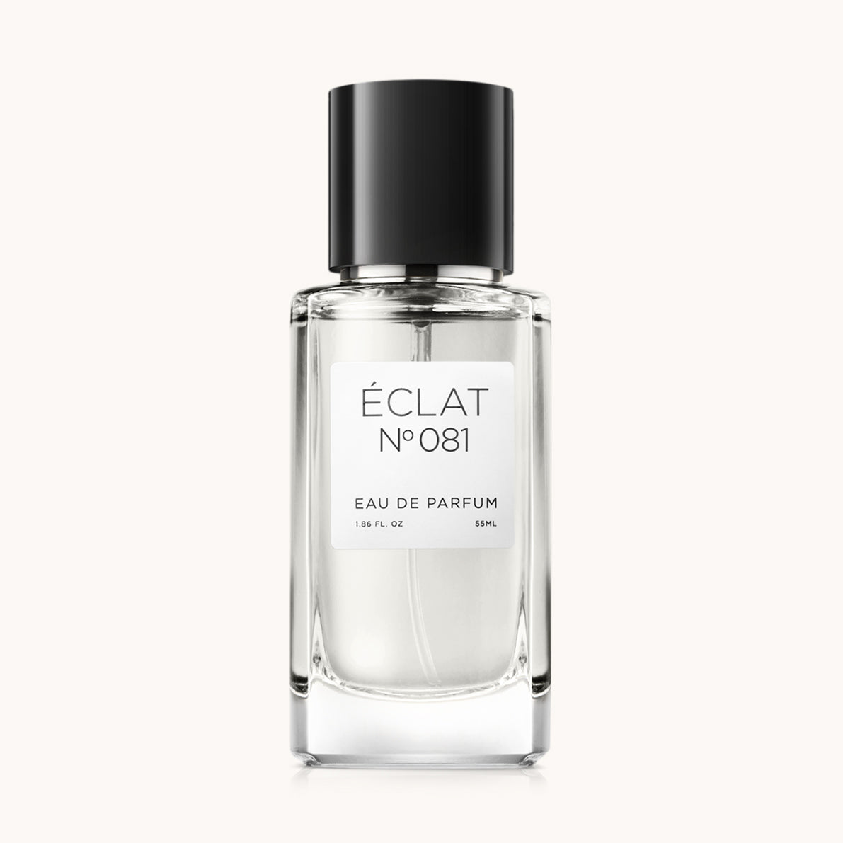 Flacon of the women's perfume dupe ÉCLAT No. 081 RAR, an elegant transparent glass bottle with a black cylindrical magnetic cap and a white label. The label features the brand name ÉCLAT, the number 081 RAR, and the words “Eau de Parfum”.