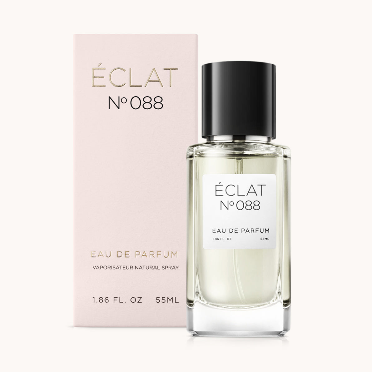 ÉCLAT No. 088 perfume bottle with matching light pink packaging. The elegant glass flacon features a black cylindrical magnetic cap and a simple white label with the inscription ÉCLAT No. 088 and “Eau de Parfum”.