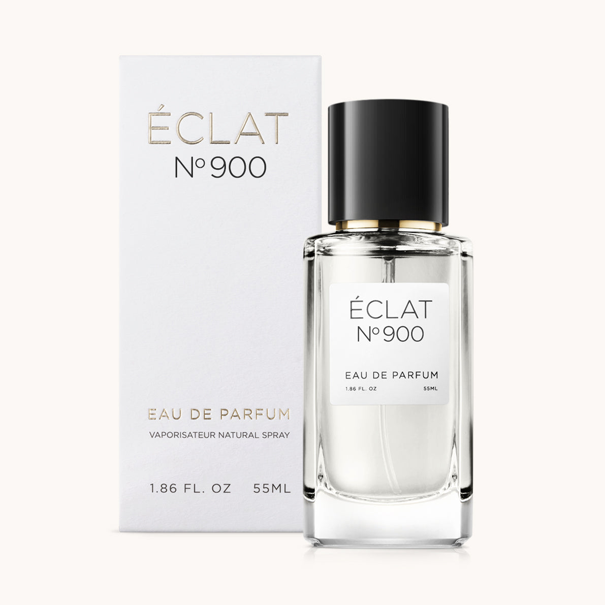 ÉCLAT No. 900 unisex perfume bottle with matching very light grey packaging. The elegant flacon features a black cylindrical magnetic cap and a clean white label with the inscription ÉCLAT No. 900 and “Eau de Parfum”.