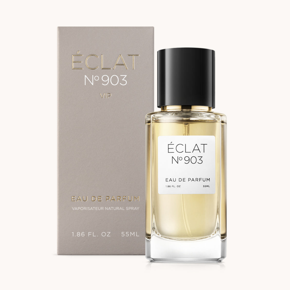 ÉCLAT No. 903 VIP unisex perfume bottle with matching taupe beige packaging. The elegant flacon features a black cylindrical magnetic cap and a clean white label with the inscription ÉCLAT No. 903 VIP and “Eau de Parfum”.