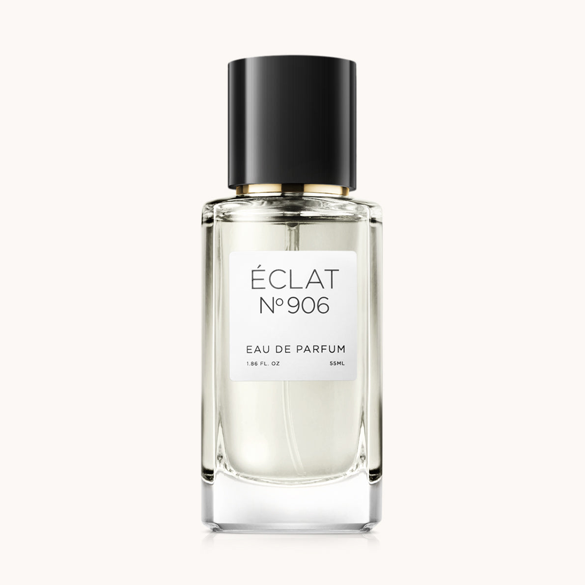 Flacon of the unisex perfume dupe ÉCLAT No. 906 VIP, an elegant transparent glass bottle with a black cylindrical magnetic cap and a minimalist white label. The label displays the brand name ÉCLAT, the number 906 VIP, and the phrase “Eau de Parfum”.