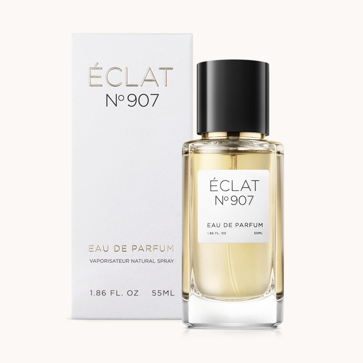 ÉCLAT No. 907 unisex perfume bottle with matching very light grey packaging. The elegant flacon features a black cylindrical magnetic cap and a clean white label with the inscription ÉCLAT No. 907 and “Eau de Parfum”.