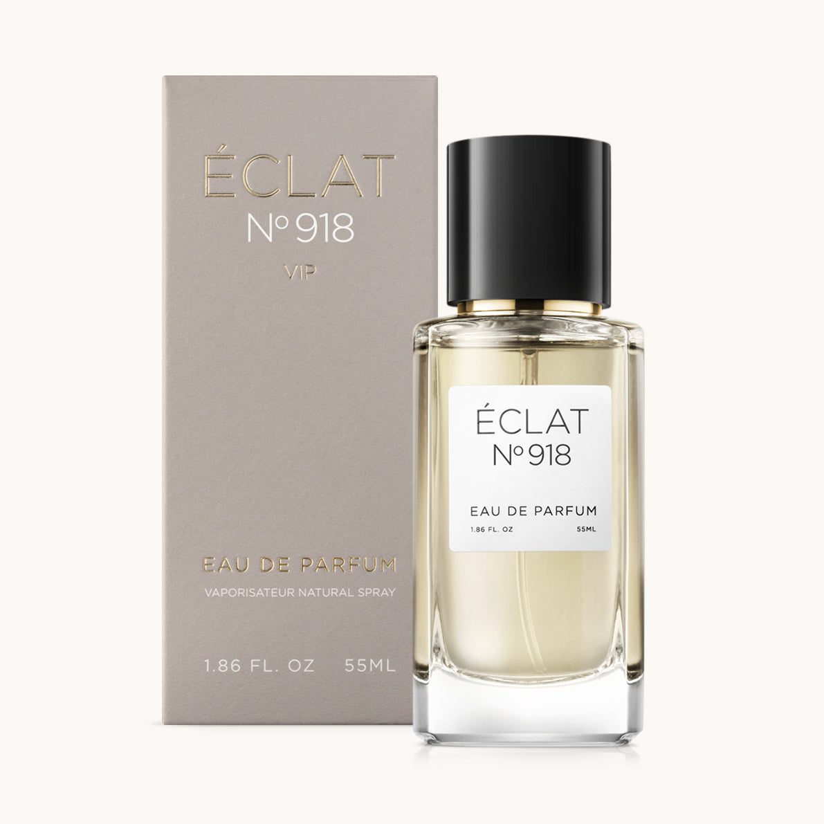 ÉCLAT No. 918 VIP unisex perfume bottle with matching taupe beige packaging. The elegant flacon features a black cylindrical magnetic cap and a clean white label with the inscription ÉCLAT No. 918 VIP and “Eau de Parfum”.