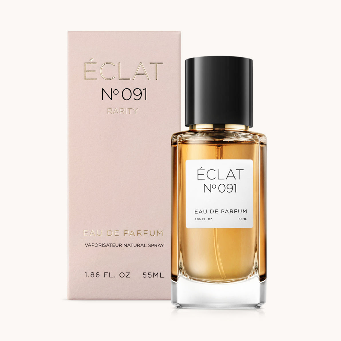ÉCLAT No. 091 RAR perfume bottle with matching pink packaging. The elegant glass flacon features a black cylindrical magnetic cap and a simple white label with the inscription ÉCLAT No. 091 RAR and “Eau de Parfum”.