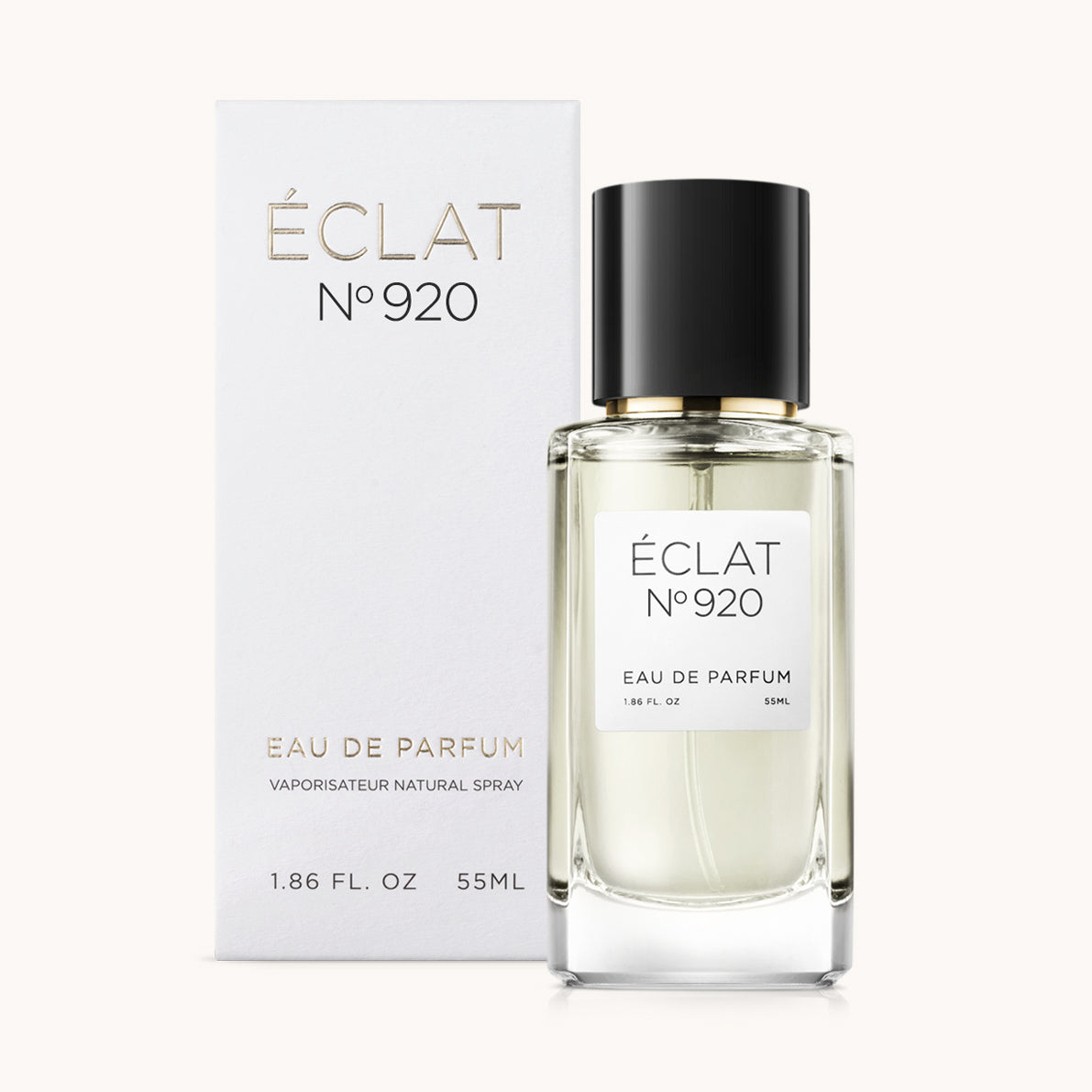 ÉCLAT No. 920 unisex perfume bottle with matching very light grey packaging. The elegant flacon features a black cylindrical magnetic cap and a clean white label with the inscription ÉCLAT No. 920 and “Eau de Parfum”.