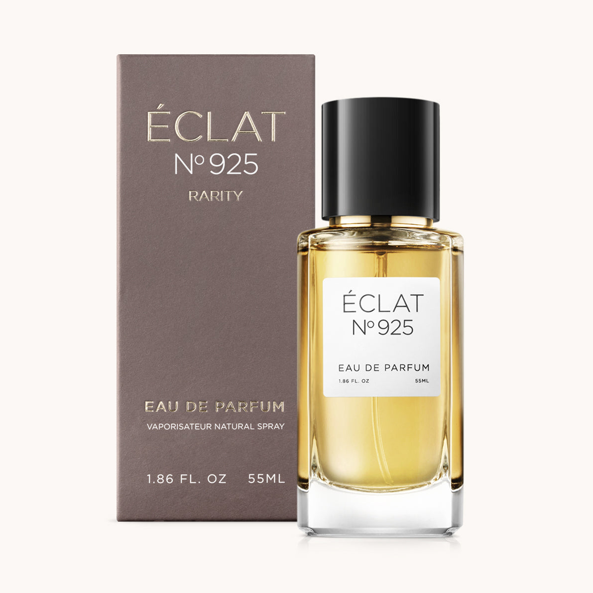 ÉCLAT No. 925 RAR unisex perfume bottle with matching brownish bordeaux packaging. The elegant flacon features a black cylindrical magnetic cap and a clean white label with the inscription ÉCLAT No. 925 RAR and “Eau de Parfum”.