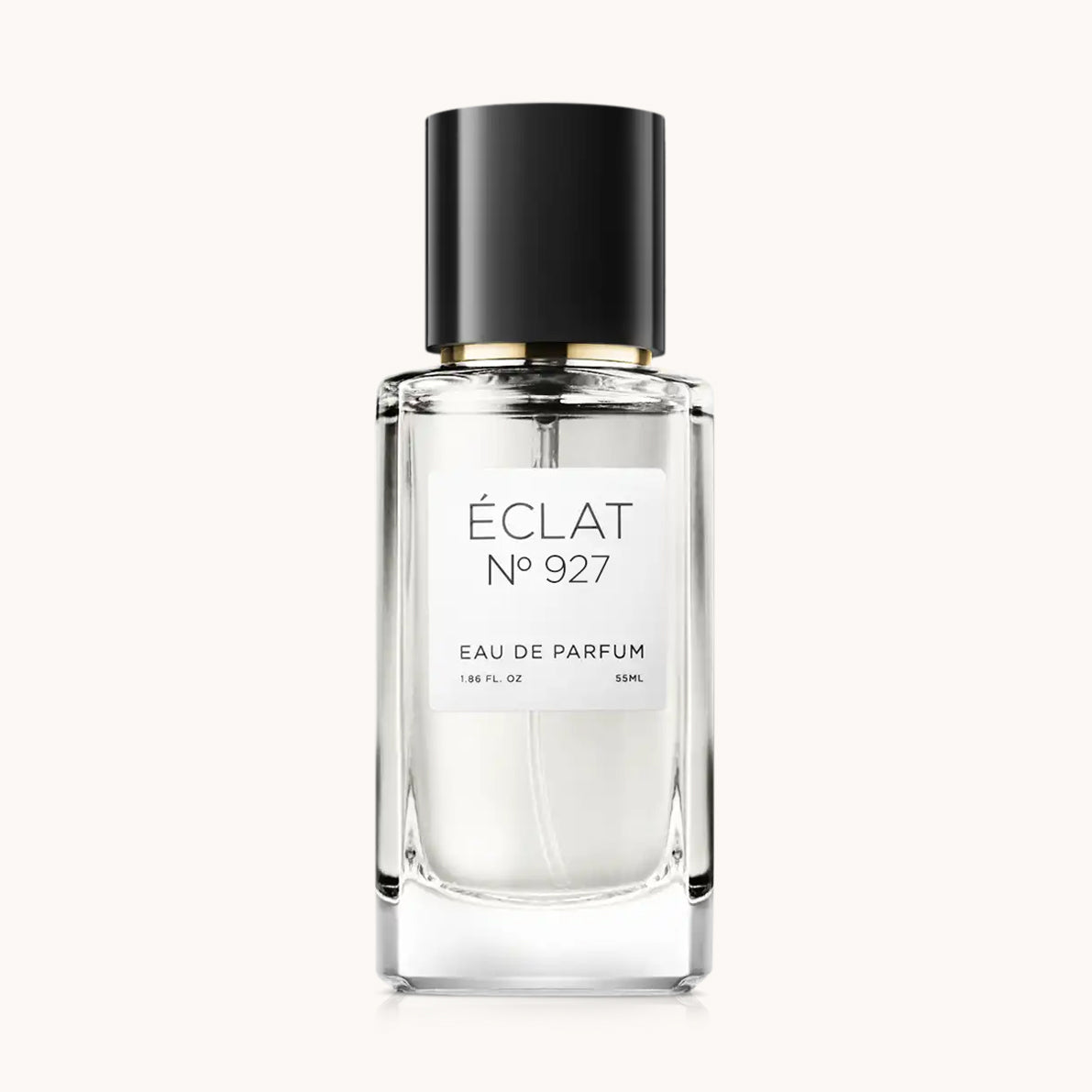 Flacon of the unisex perfume dupe ÉCLAT No. 927 VIP, an elegant transparent glass bottle with a black cylindrical magnetic cap and a minimalist white label. The label displays the brand name ÉCLAT, the number 927 VIP, and the phrase “Eau de Parfum”.