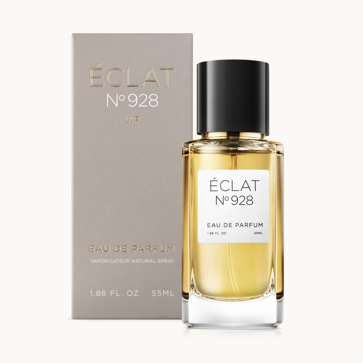 ÉCLAT No. 928 VIP unisex perfume bottle with matching taupe beige packaging. The elegant flacon features a black cylindrical magnetic cap and a clean white label with the inscription ÉCLAT No. 928 VIP and “Eau de Parfum”.