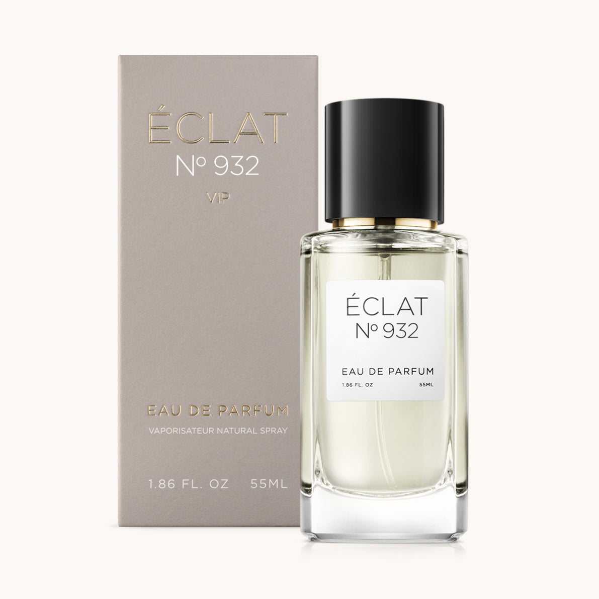 ÉCLAT No. 932 VIP unisex perfume bottle with matching taupe beige packaging. The elegant flacon features a black cylindrical magnetic cap and a clean white label with the inscription ÉCLAT No. 932 VIP and “Eau de Parfum”.