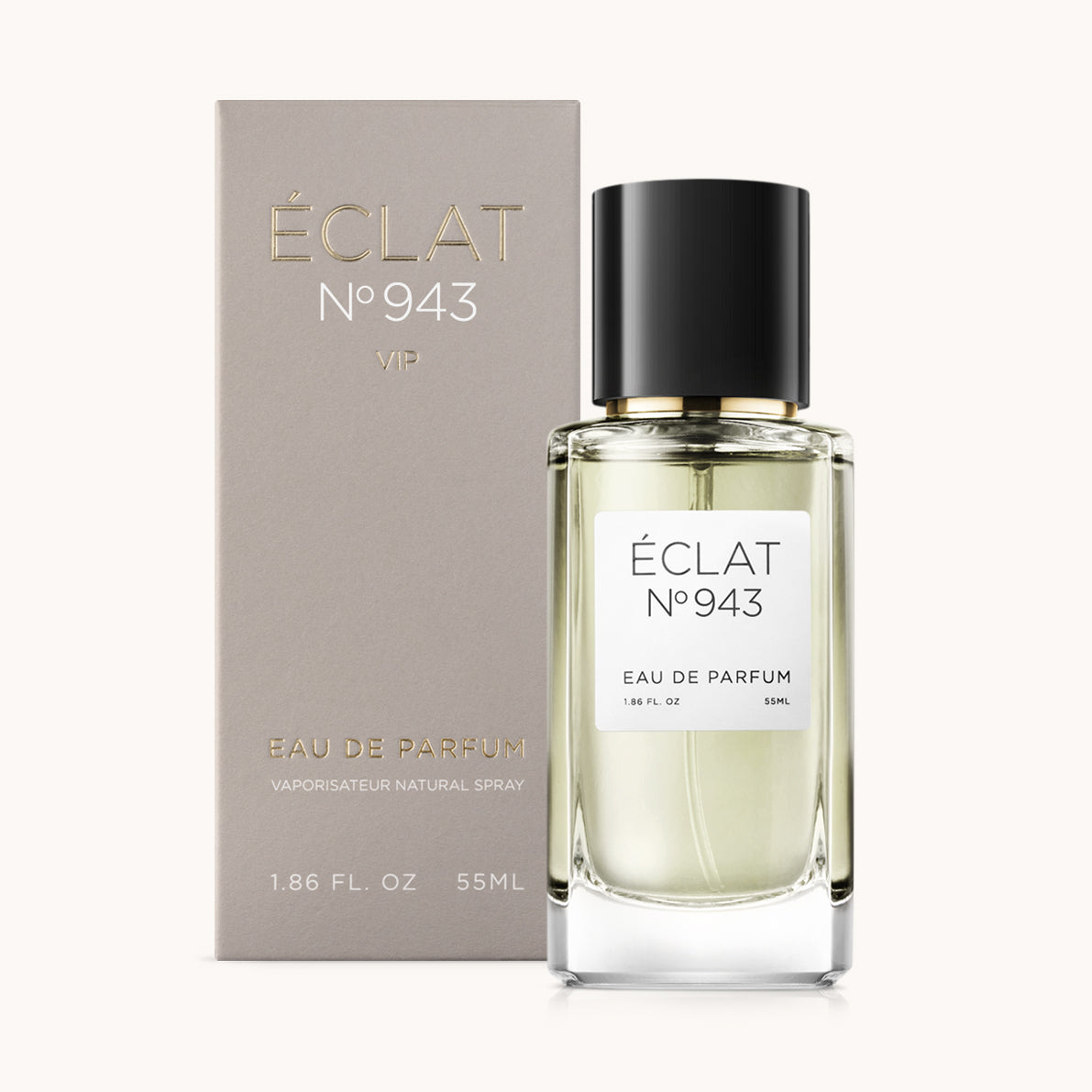 ÉCLAT No. 943 VIP unisex perfume bottle with matching taupe beige packaging. The elegant flacon features a black cylindrical magnetic cap and a clean white label with the inscription ÉCLAT No. 943 VIP and “Eau de Parfum”.