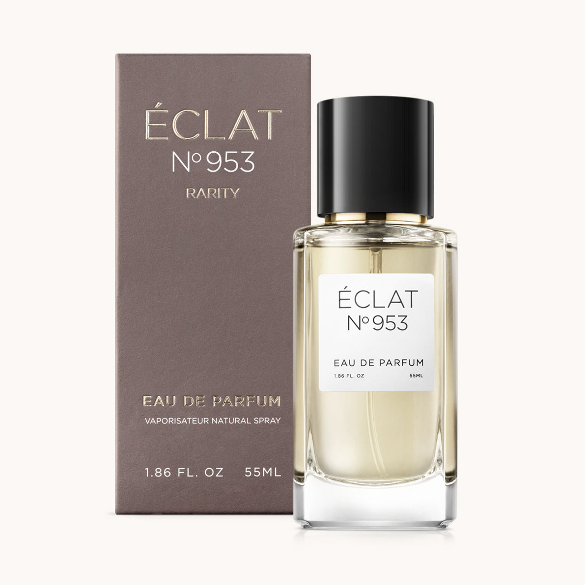 ÉCLAT No. 953 RAR unisex perfume bottle with matching brownish bordeaux packaging. The elegant flacon features a black cylindrical magnetic cap and a clean white label with the inscription ÉCLAT No. 953 RAR and “Eau de Parfum”.