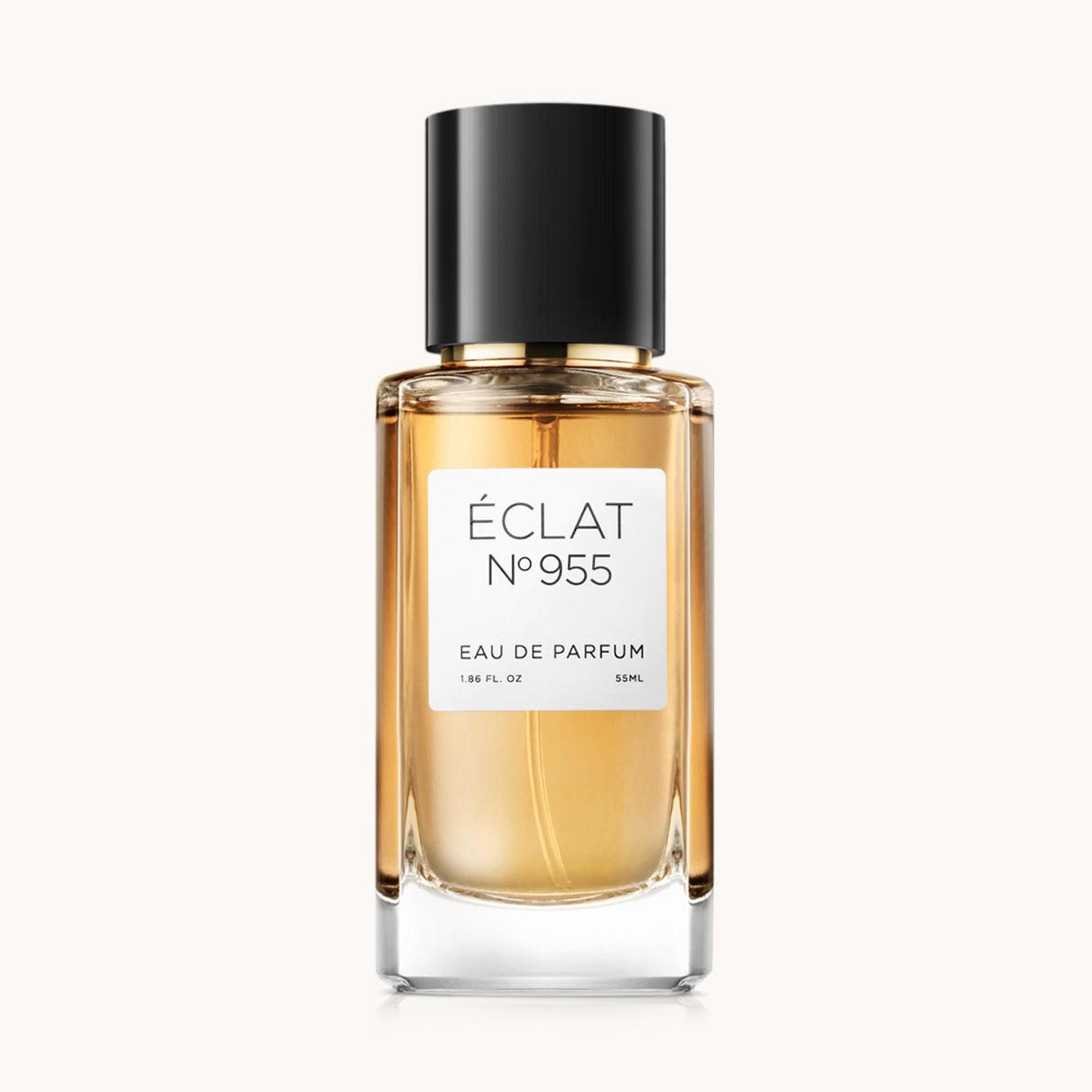 Flacon of the unisex perfume dupe ÉCLAT No. 955 VIP, an elegant transparent glass bottle with a black cylindrical magnetic cap and a minimalist white label. The label displays the brand name ÉCLAT, the number 955 VIP, and the phrase “Eau de Parfum”.