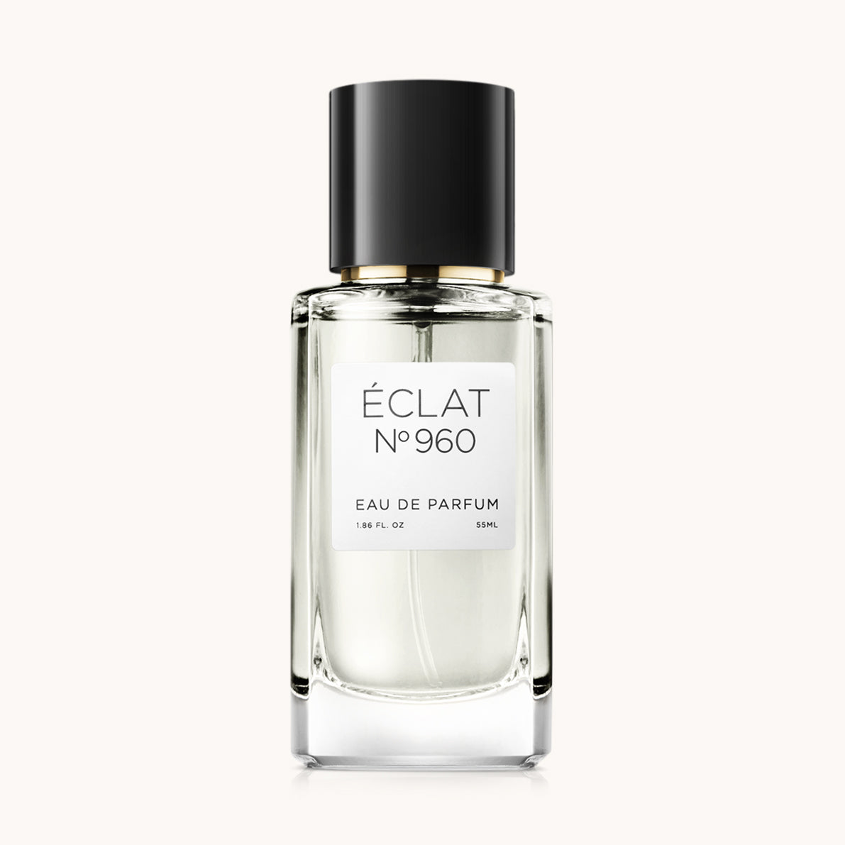 Flacon of the unisex perfume dupe ÉCLAT No. 960, an elegant transparent glass bottle with a black cylindrical magnetic cap and a minimalist white label. The label displays the brand name ÉCLAT, the number 960, and the phrase “Eau de Parfum”.