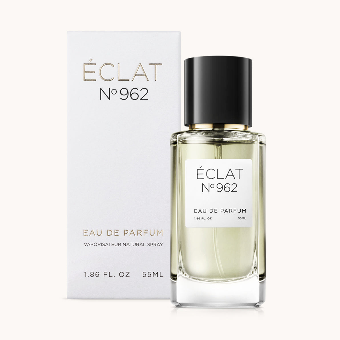 ÉCLAT No. 962 unisex perfume bottle with matching very light grey packaging. The elegant flacon features a black cylindrical magnetic cap and a clean white label with the inscription ÉCLAT No. 962 and “Eau de Parfum”.