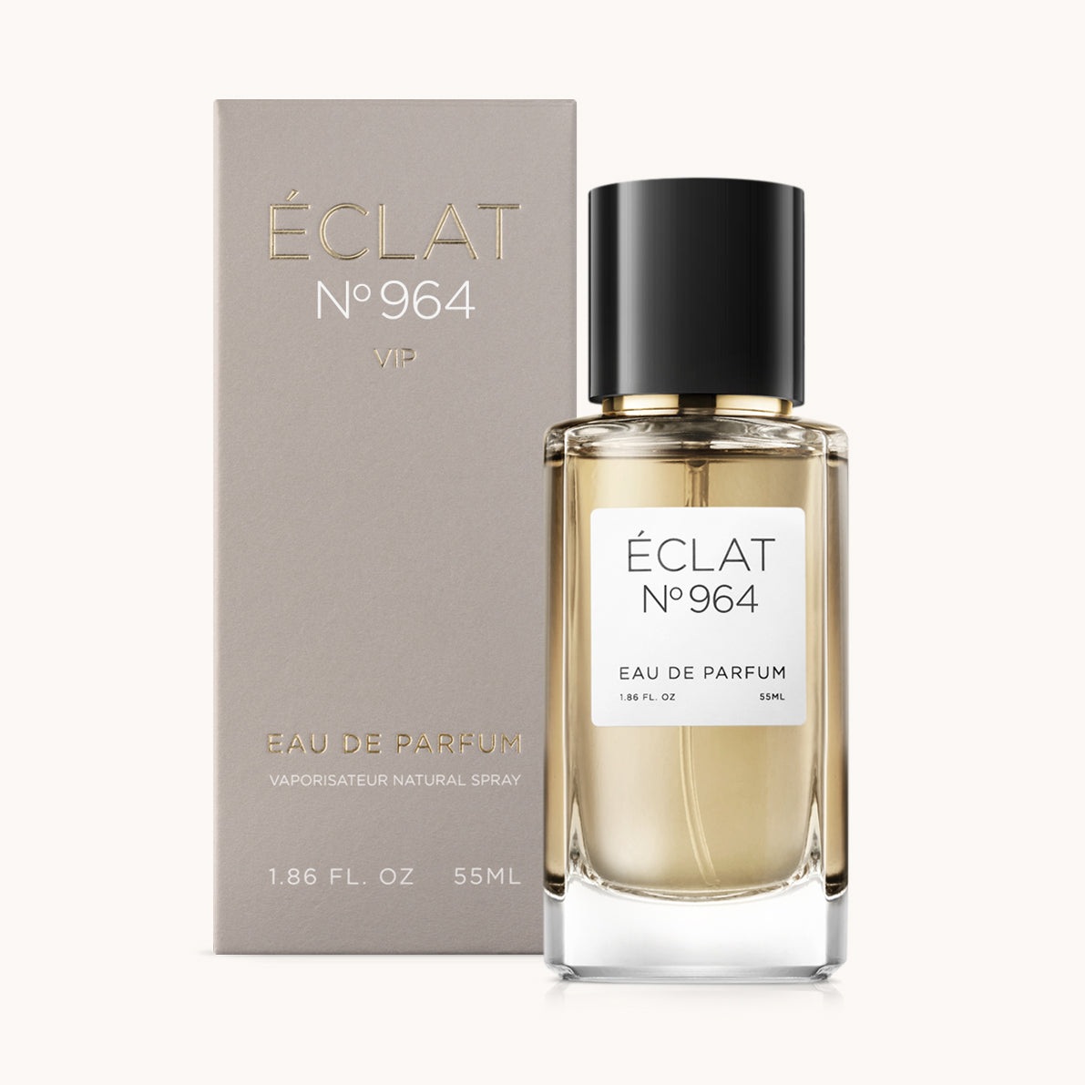 ÉCLAT No. 964 VIP unisex perfume bottle with matching taupe beige packaging. The elegant flacon features a black cylindrical magnetic cap and a clean white label with the inscription ÉCLAT No. 964 VIP and “Eau de Parfum”.
