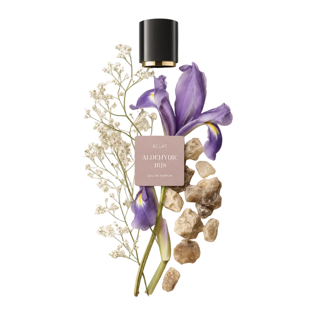 Een compositie van delicate witte bloesems, levendige paarse iris bloemen en gekristalliseerde harsstukken rond een zwarte sluiting met ÉCLAT Aldehydic Iris label.