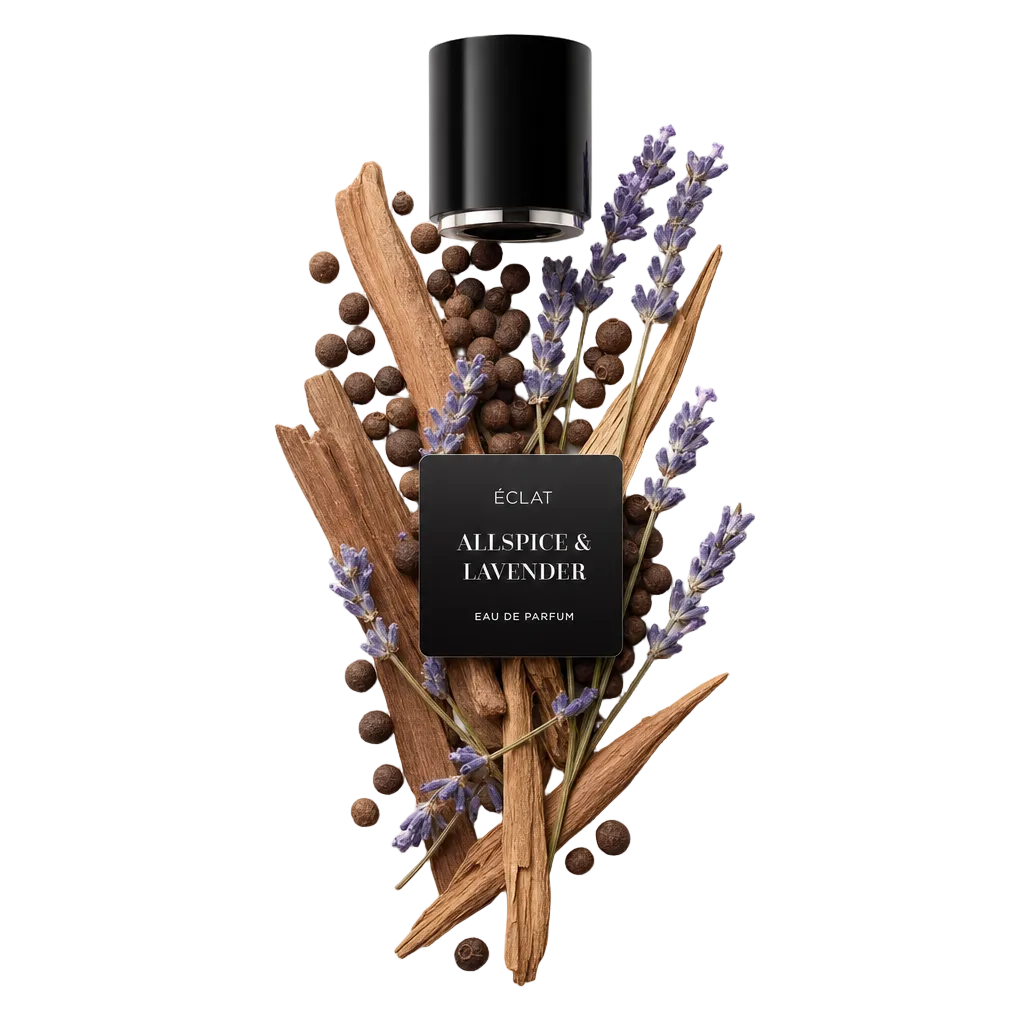Un arrangement de baies de piment de la Jamaïque, de bâtons de cannelle et de brins de lavande entourant un capuchon noir avec étiquette ÉCLAT Allspice & Lavender.
