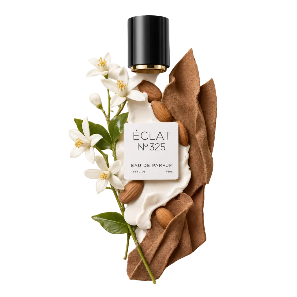 Un arrangement de fleurs blanches épanouies, d'amandes et de texture crémeuse avec un tissu brun doux, à côté d'un capuchon noir avec étiquette pour ÉCLAT Almond Milk & Cashmere.