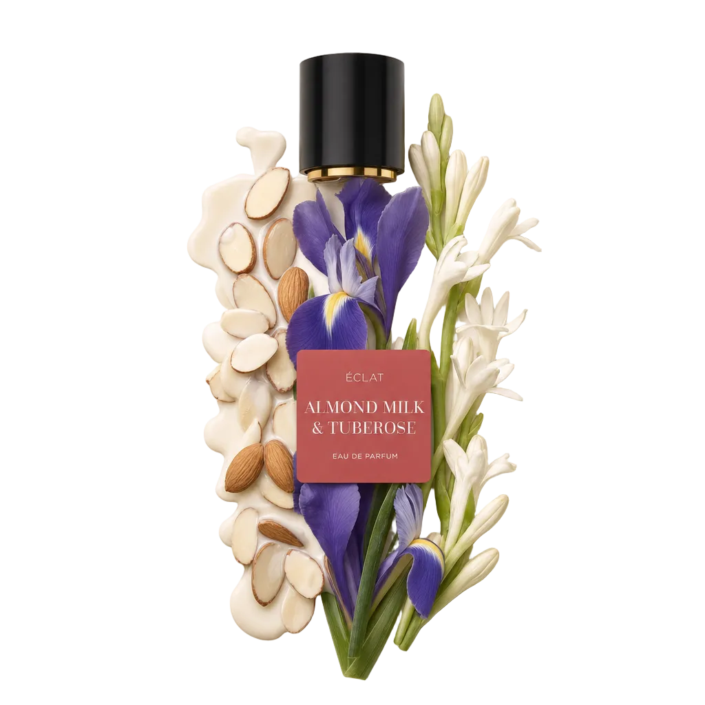 Een arrangement van gesneden amandelen, amandelen, irisbloemen en tuberoos omringt een zwarte dop met gouden accent en ÉCLAT Almond Milk & Tuberose label.