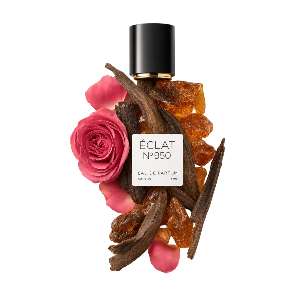Un arreglo de resina ámbar, madera de oud y una rosa rosa con pétalos, rodea una tapa negra con etiqueta de ÉCLAT Ambergris & Oud.