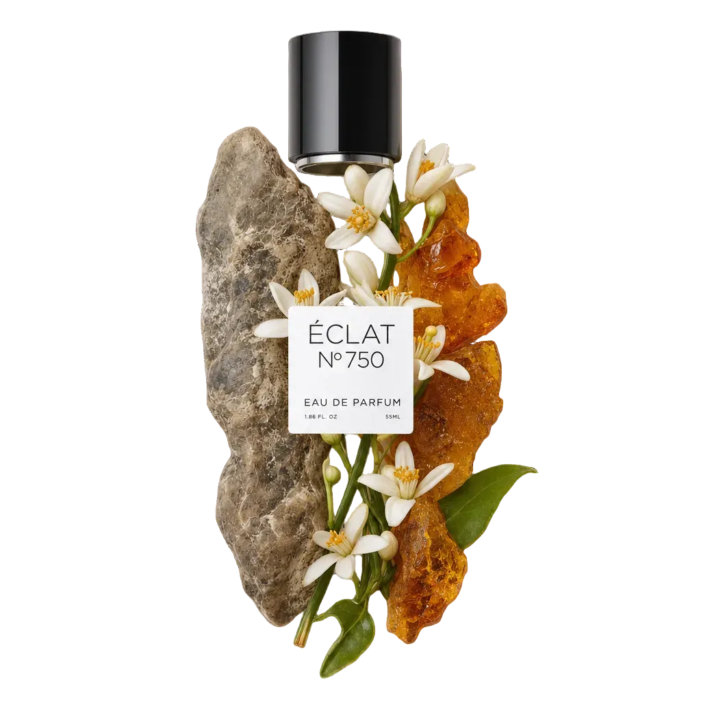 Ett arrangemang av bärnsten, vita blommor och en texturerad sten, kompletterat med en svart kork med ÉCLAT Ambergris & Whiskey-etiketten.