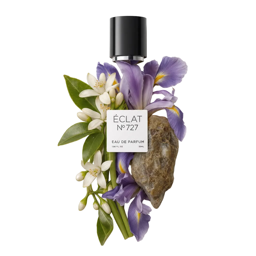 Een arrangement van irisbloemen, oranjebloesem, groene bladeren en een steen complementeert de zwarte dop met het etiket van ÉCLAT Ambery Iris.