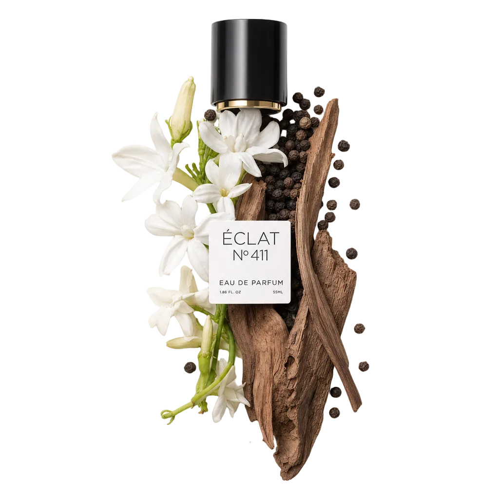 An artful arrangement features jasmine flowers, peppercorns, and wooden elements beside a black cap with a label for ÉCLAT VIP Ambery Jasmine.
