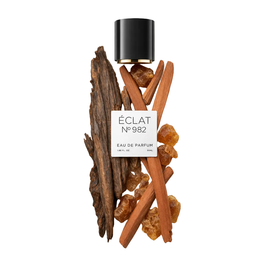 Un arreglo de madera de oud, cristales de ámbar y palos de sándalo rodea una tapa negra con etiqueta, representando ÉCLAT Ambery Oud.
