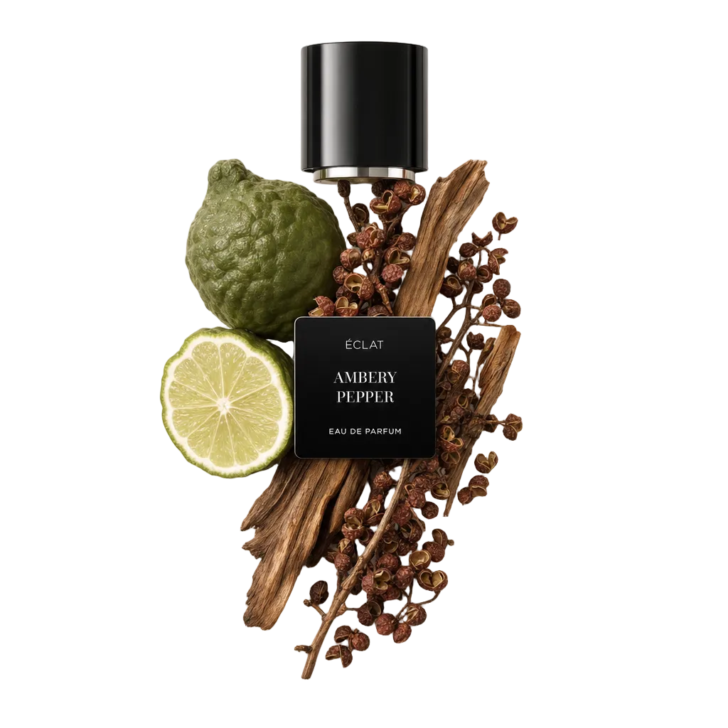 Un arrangement de bergamote, tranche de lime, baies de poivre séchées et notes boisées entourant un capuchon noir ÉCLAT Ambery Pepper avec étiquette.