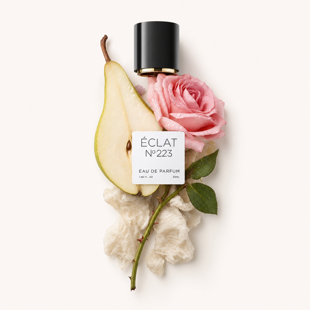 Een zorgvuldig gearrangeerd stilleven met een gesneden peer, een dauwfrisse roze roos en een stengel met groene bladeren, rondom een zwarte dop van ÉCLAT Aquatic Rose met een elegant etiket.