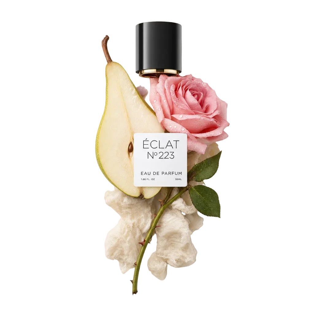 A curated arrangement featuring a sliced pear, a dewy pink rose, and a stem with green leaves, surrounding a black cap of ÉCLAT Aquatic Rose with an elegant label.