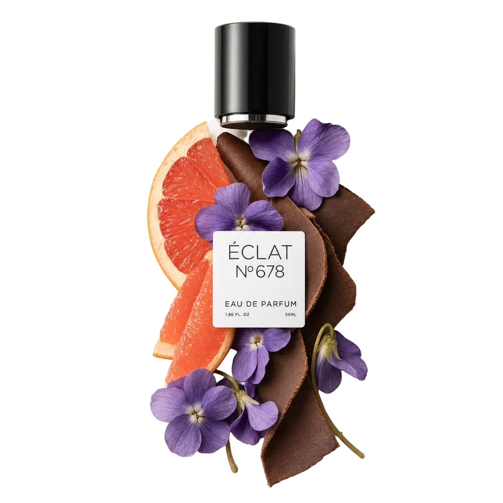 An arrangement of violet flowers, grapefruit slices, and curled brown leather surrounds a black cap with an ÉCLAT label.