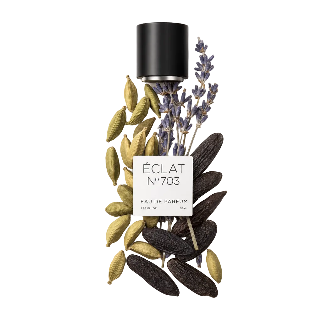 Egy elrendezés kardamom hüvelyekből, tonkababokból és levendulás ágakból körülvesz egy fekete kupakot ÉCLAT Aromatic Cardamom felirattal.