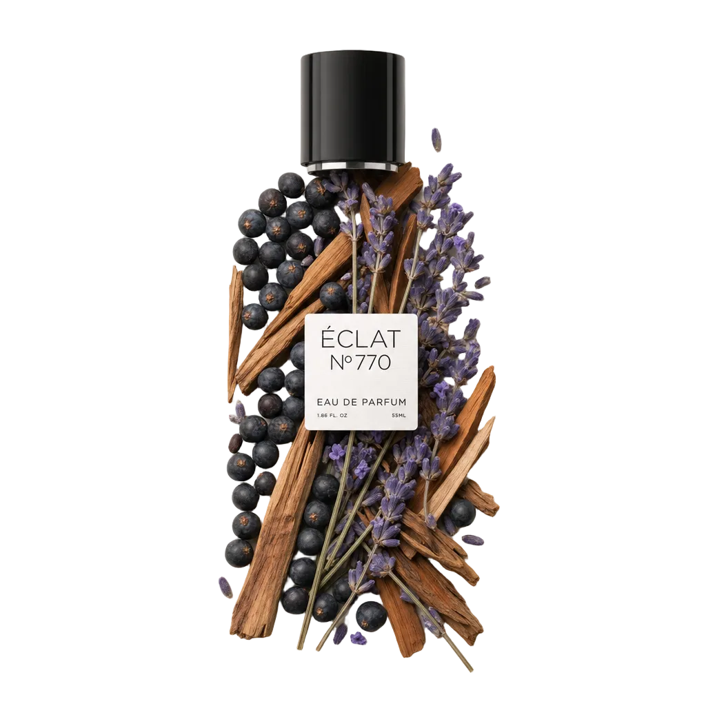 Un arrangement de bâtons de bois de santal, de baies de genévrier et de brins de lavande entoure un capuchon noir avec une étiquette de ÉCLAT Aromatic Sandalwood.