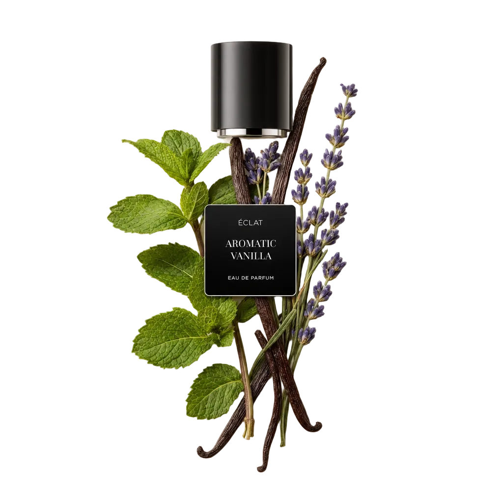 Een verfijnde opstelling van muntblaadjes, lavendeltwijgjes en vanillebonen omringt een zwarte dop met ÉCLAT Aromatic Vanilla etiket.