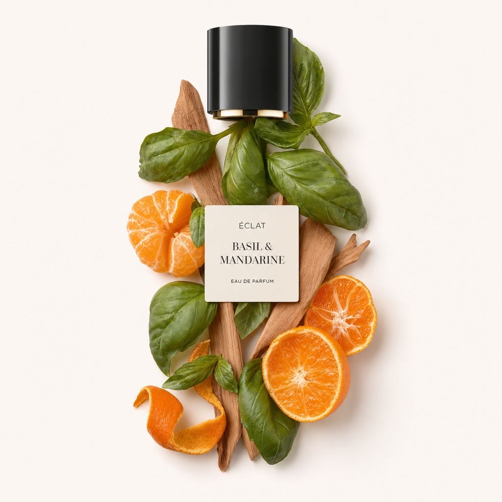 An arrangement featuring fresh basil leaves, sliced mandarin, and citrus peel, surrounding a wooden background with the black cap of ÉCLAT Basil & Mandarine in the center.