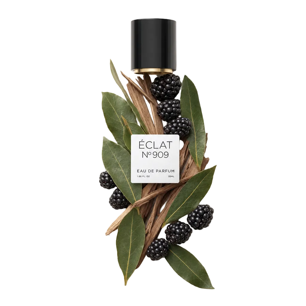Un arrangement de mûres fraîches et de feuilles de laurier entoure un bouchon noir avec étiquette, représentant ÉCLAT Bay Leaf & Blackberry.