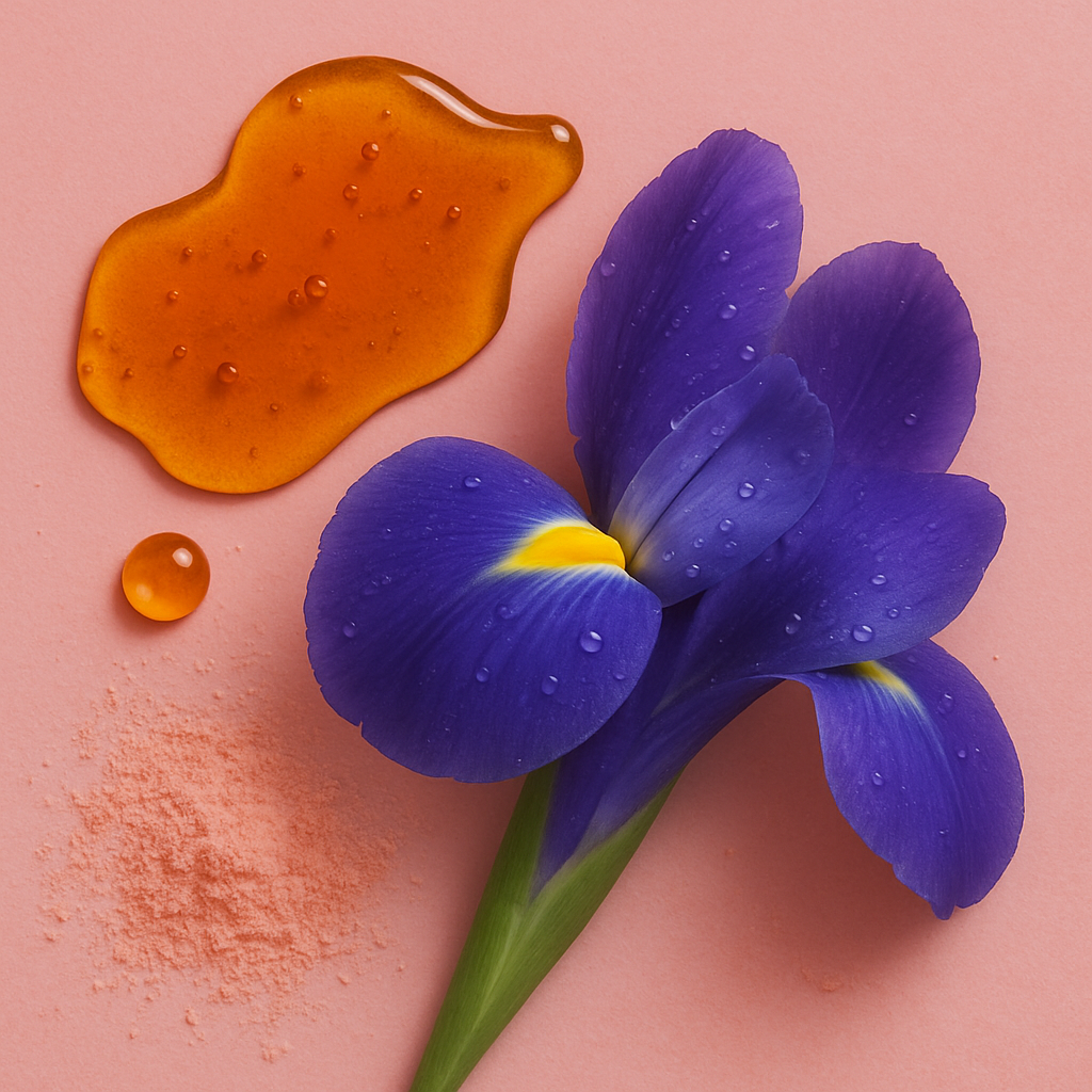 Oranje karamelsiroop, roze poeder en een paarse iris bloem op een roze achtergrond.