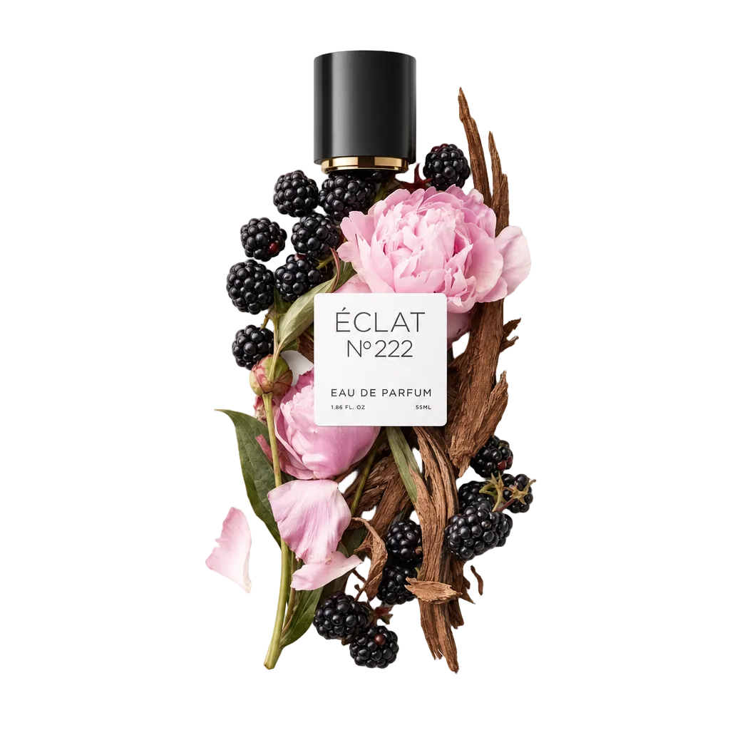 Un arreglo de peonías rosadas, moras y piezas de madera de cedro con una tapa negra y etiqueta de ÉCLAT Berries & Cedar.