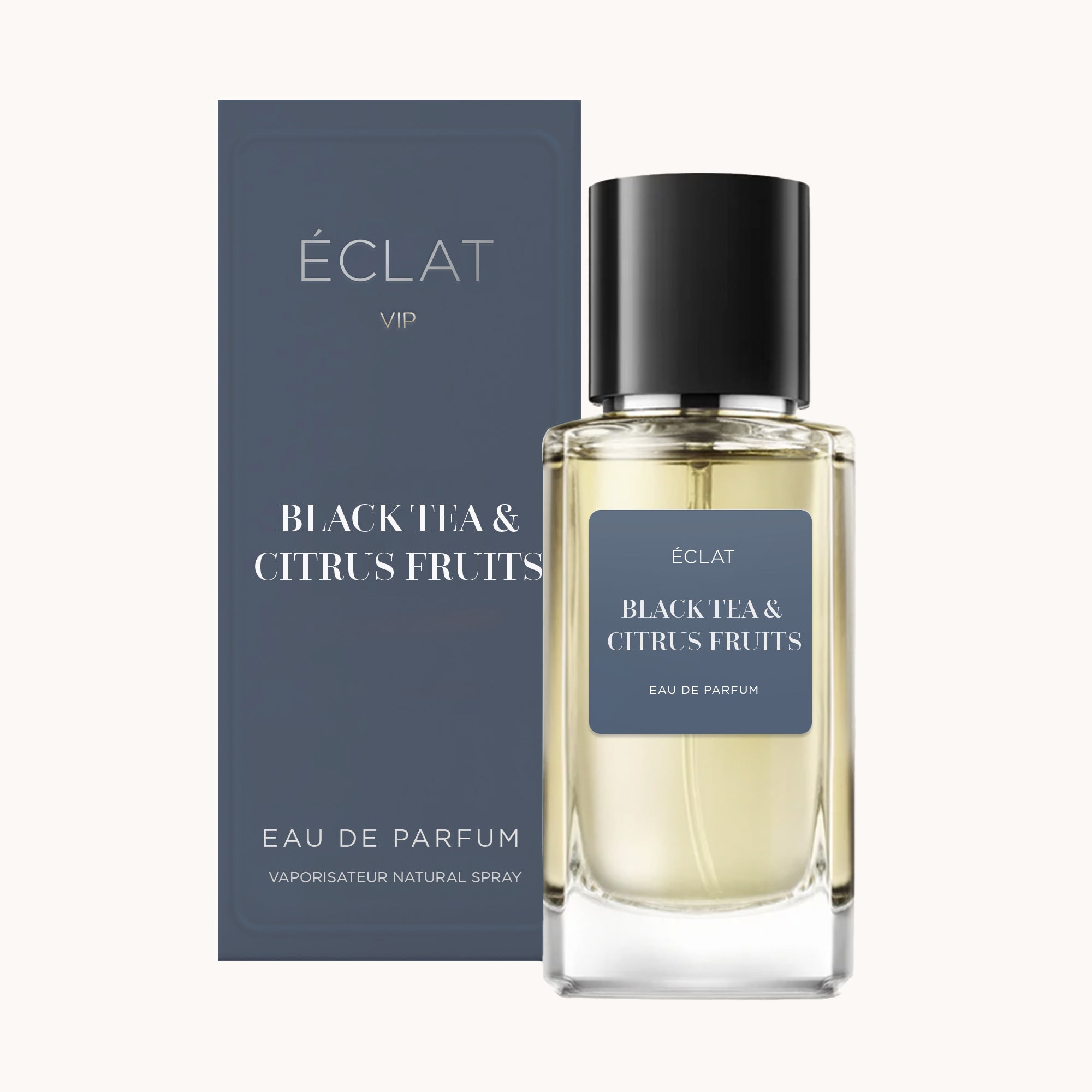 ÉCLAT VIP Black Tea & Citrus Fruits perfume bottle with a dark blue label and a matching box.